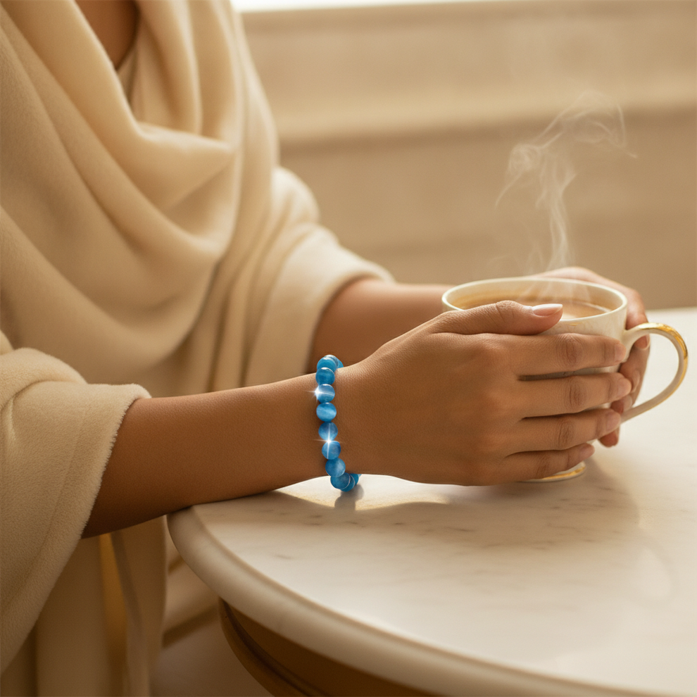 Blue Agate Bracelet worn on wrist