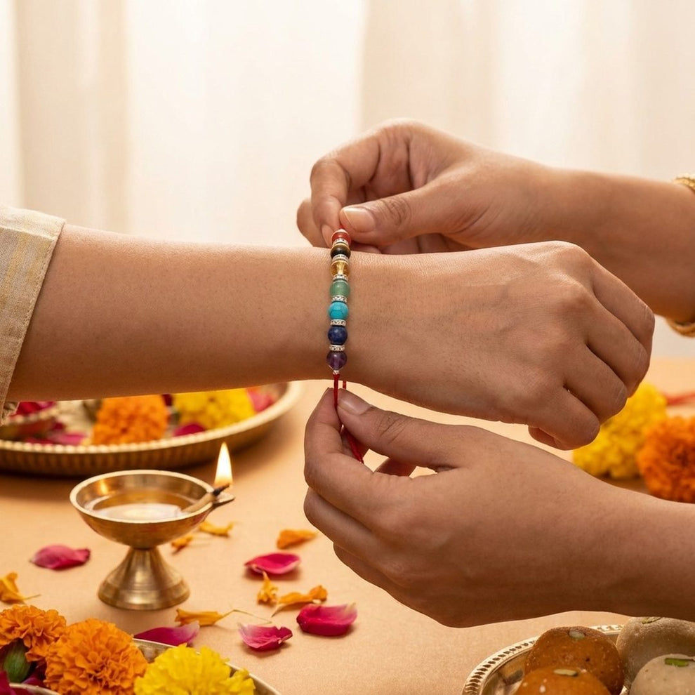 Sapt Chakra Rakhi worn on wrist