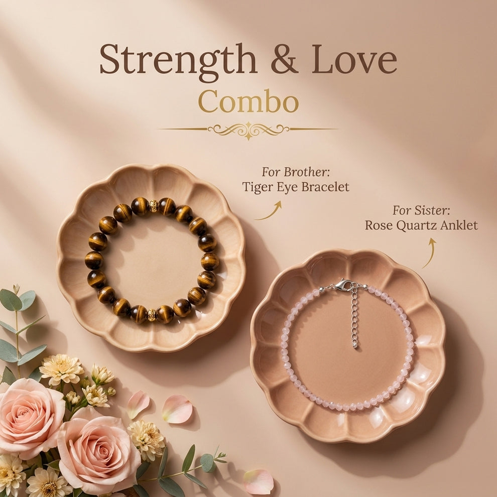 Tiger Eye & Rose Quartz Anklet Rakhi Combo