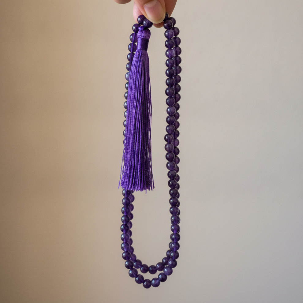 Aura Amethyst Japa Mala - full length