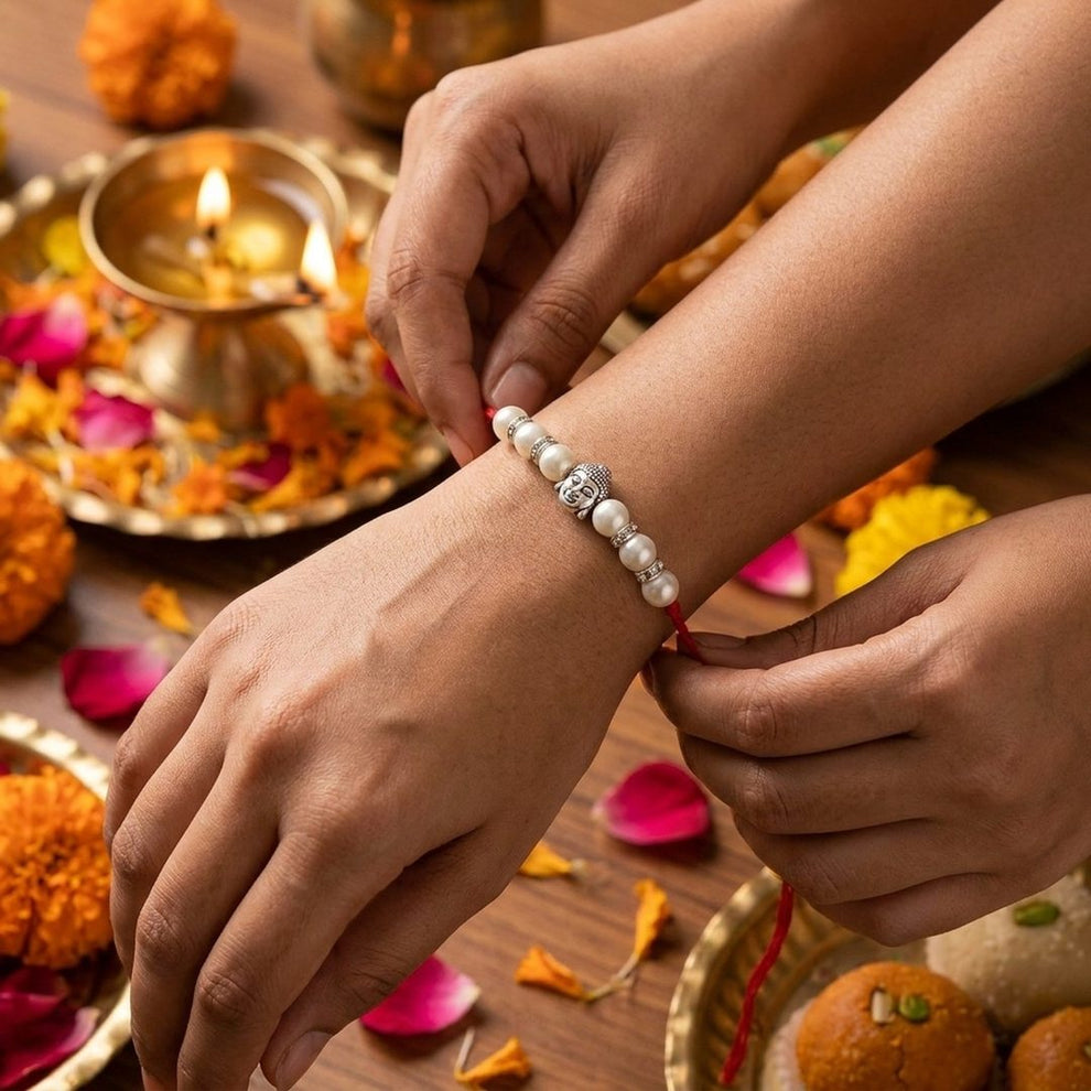 Chandra Moti Rakhi worn on wrist