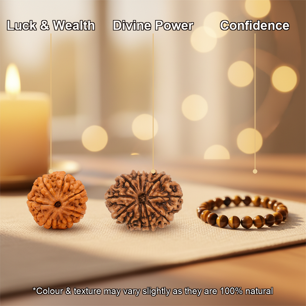 Raj Yog Combo (7 Mukhi Rudraksha + 11 Mukhi Rudraksha + Tiger Eye Bracelet)