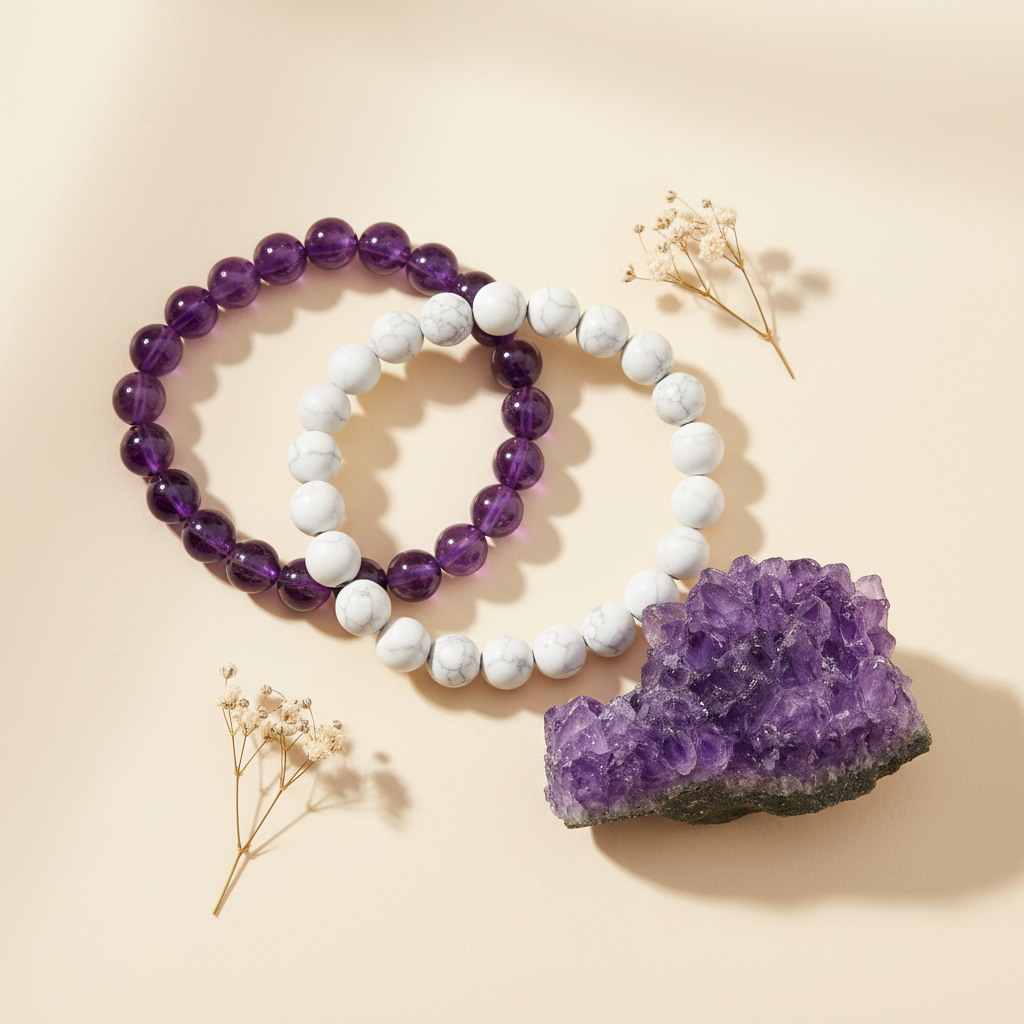 Nidra Shanti Combo (Amethyst + Howlite Bracelet + Amethyst Crystal)
