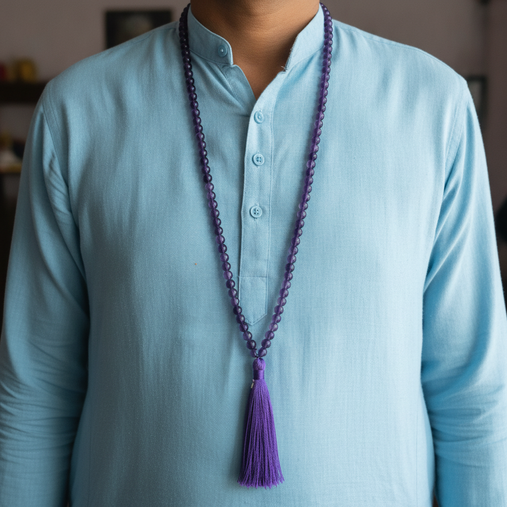 Aura Amethyst Japa Mala - worn