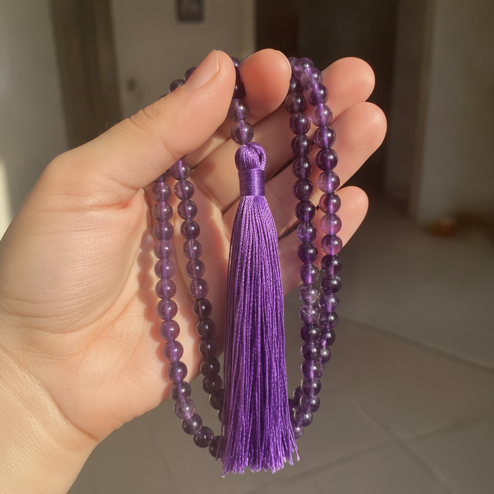 Aura Amethyst Japa Mala - japa in hand