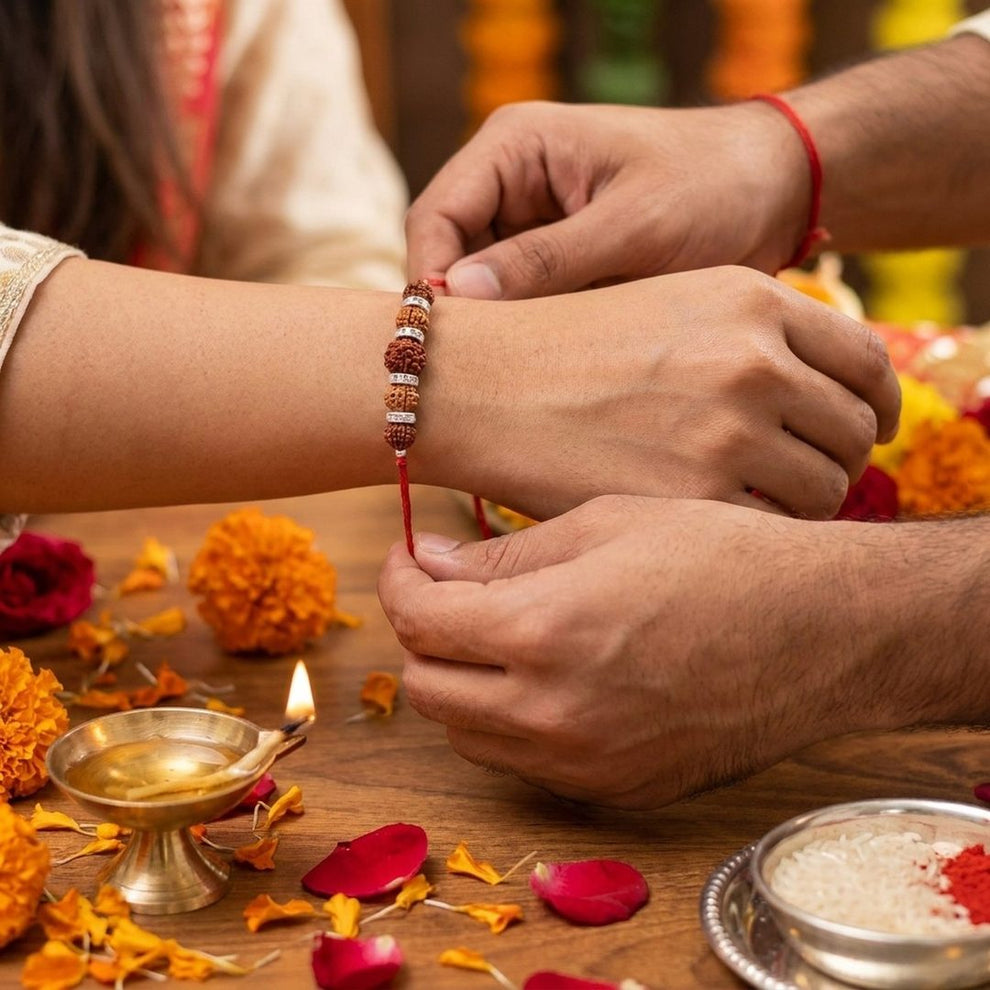 Rudra Raksha Rakhi worn on wrist