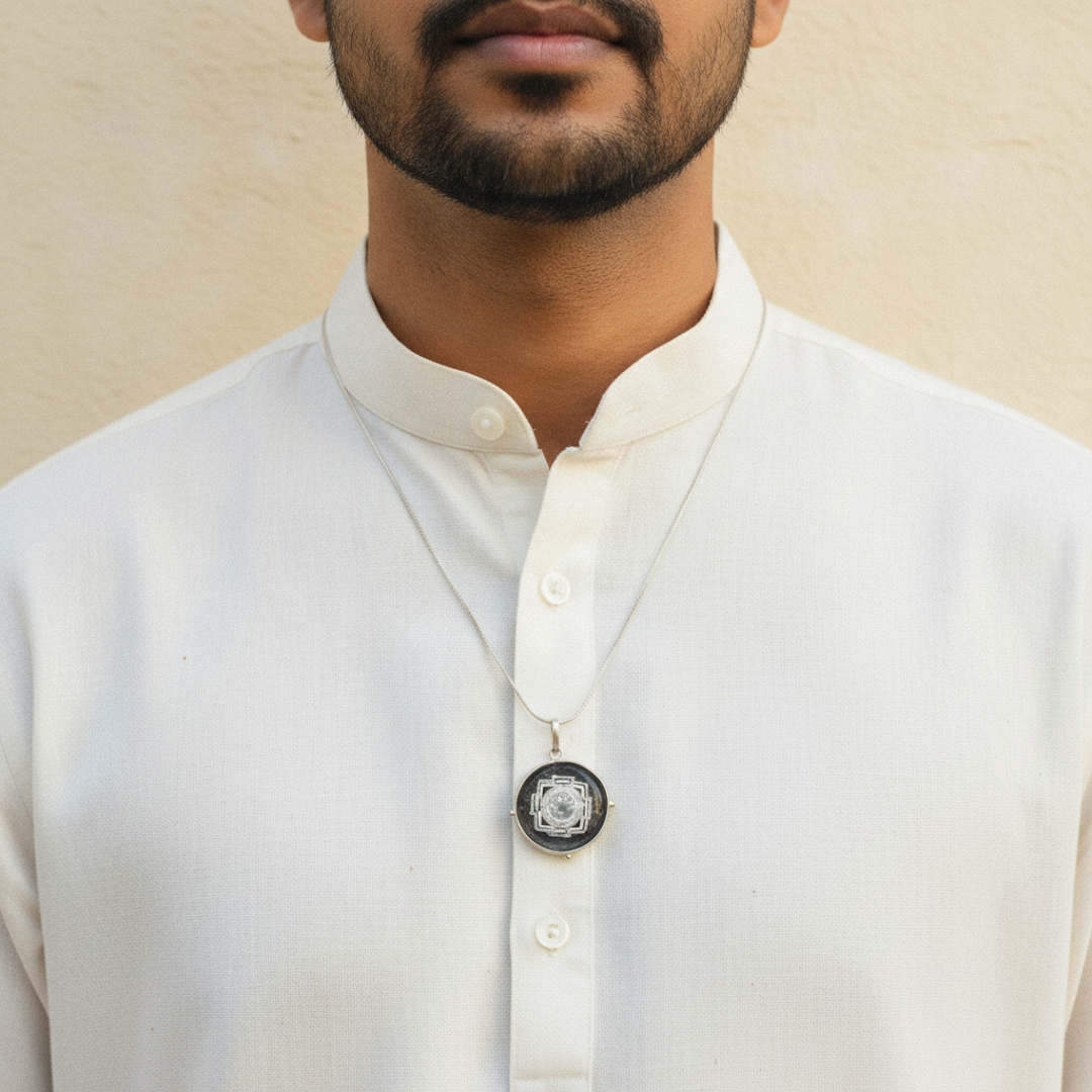 Shree Yantra Clear Quartz Pendant — worn moment