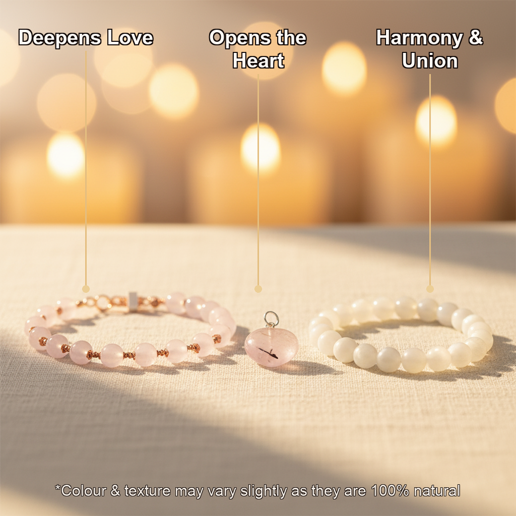 Prem Bandhan Combo (Rose Quartz Bracelet + Heart Pendant + Moonstone)
