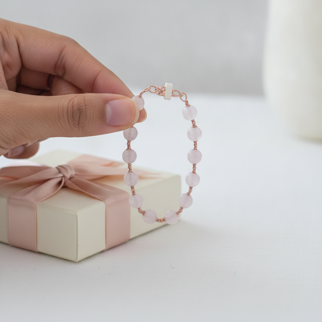 Silver Rose Quartz Bracelet worn