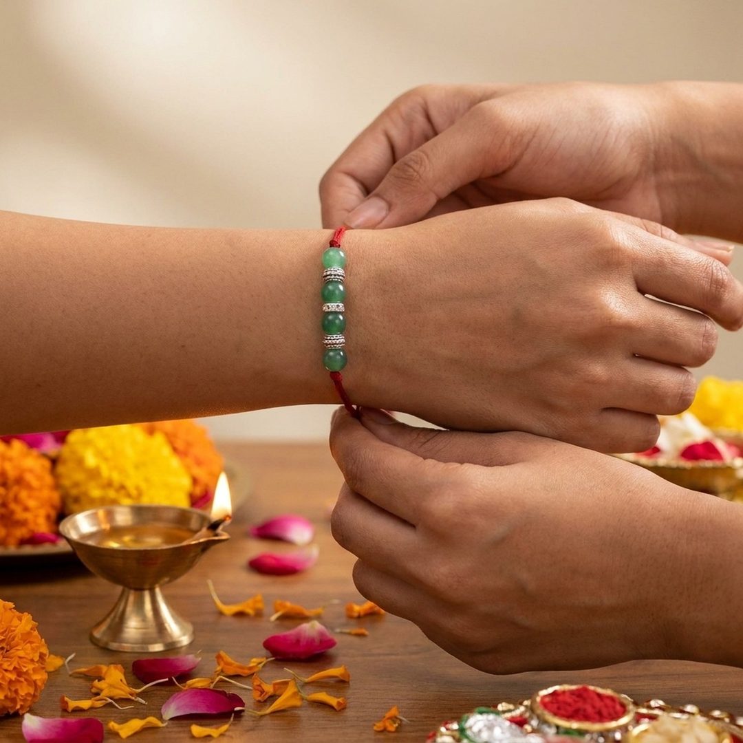 Harit Jade Rakhi worn on wrist