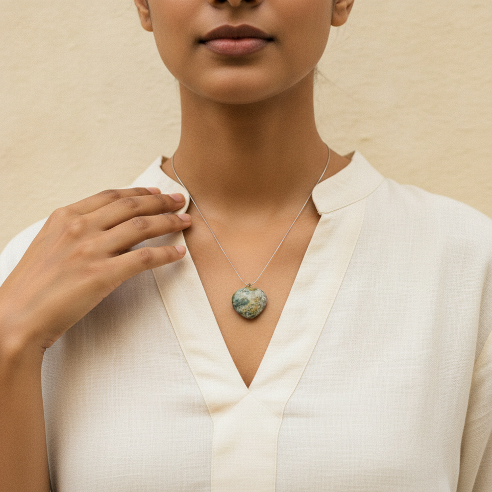 Unakite Heart Pendant — worn moment