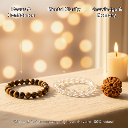 Vidya & Career Combo (Tiger Eye + Clear Quartz + 4 Mukhi Rudraksha)
