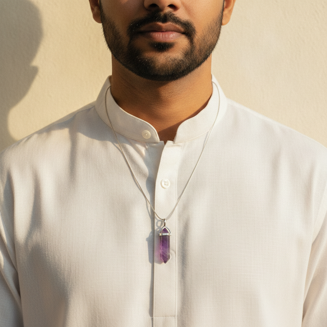 Amethyst Heart Pendant — worn moment