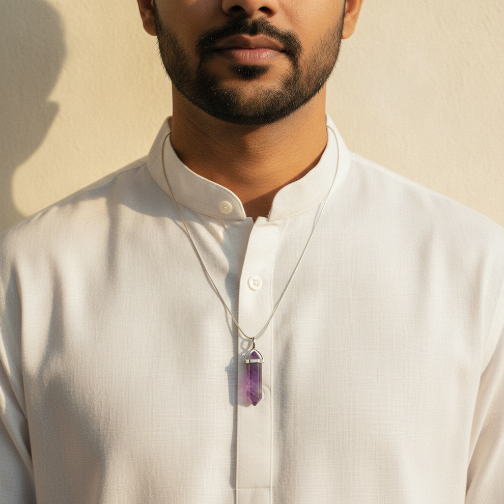 Amethyst Heart Pendant — worn moment