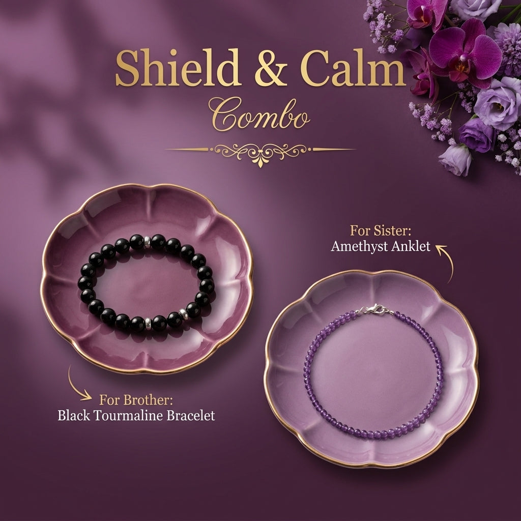 Black Tourmaline & Amethyst Anklet Rakhi Combo