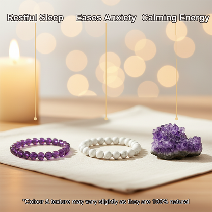 Nidra Shanti Combo (Amethyst + Howlite Bracelet + Amethyst Crystal)