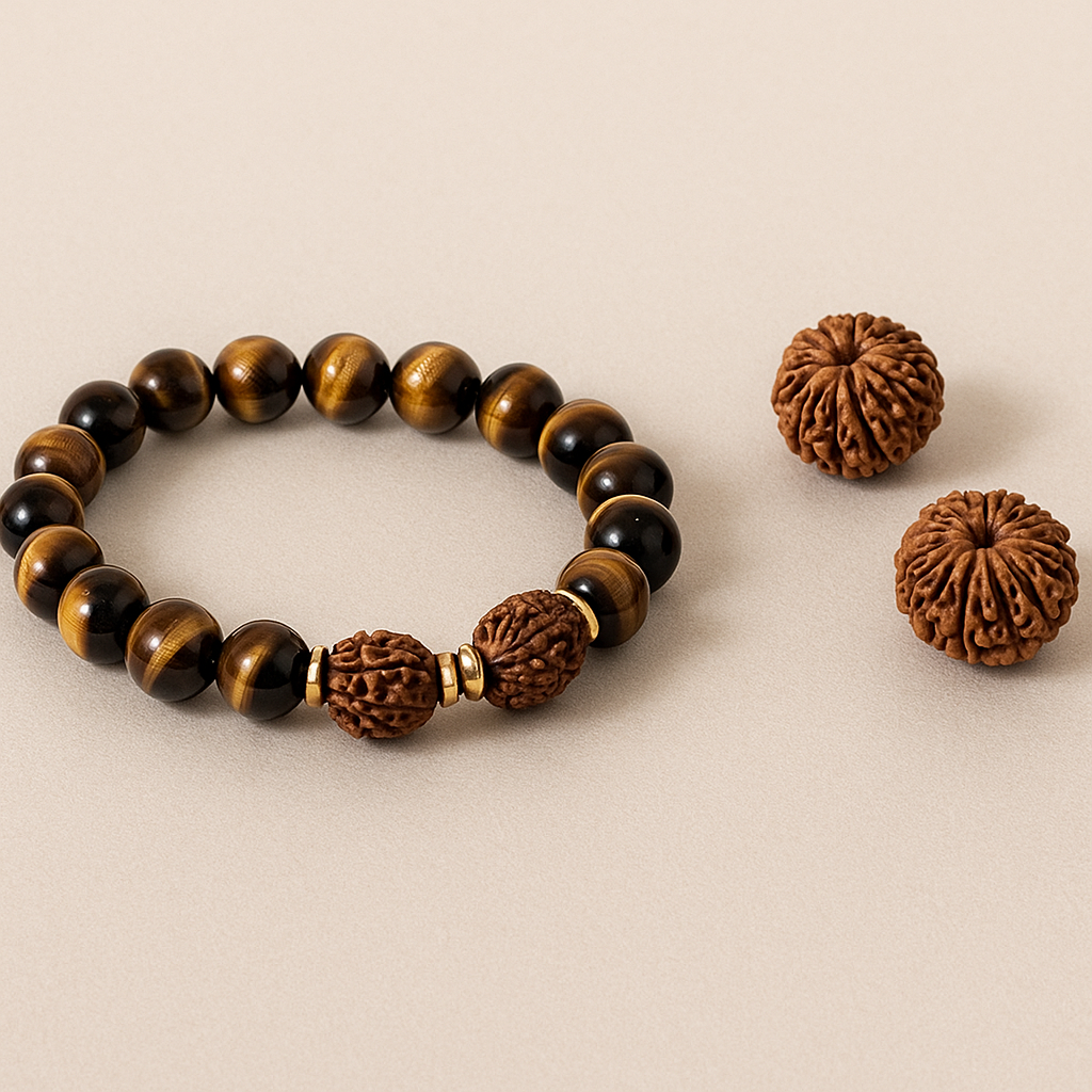 Raj Yog Combo (7 Mukhi Rudraksha + 11 Mukhi Rudraksha + Tiger Eye Bracelet)