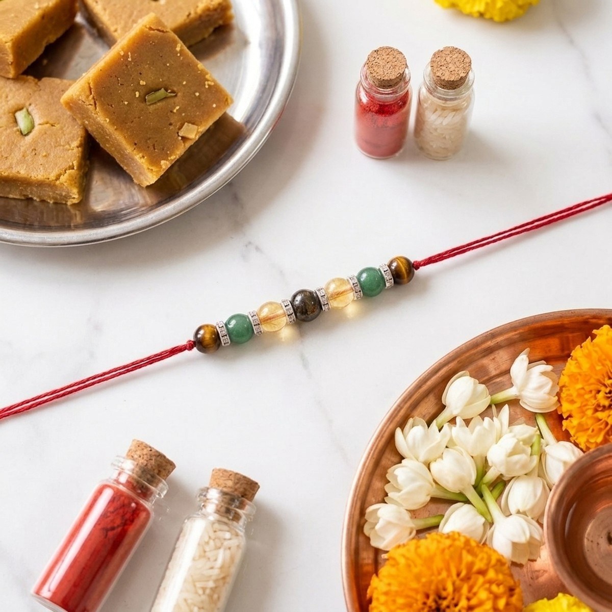Prosperity Crystal Rakhi with festive thali