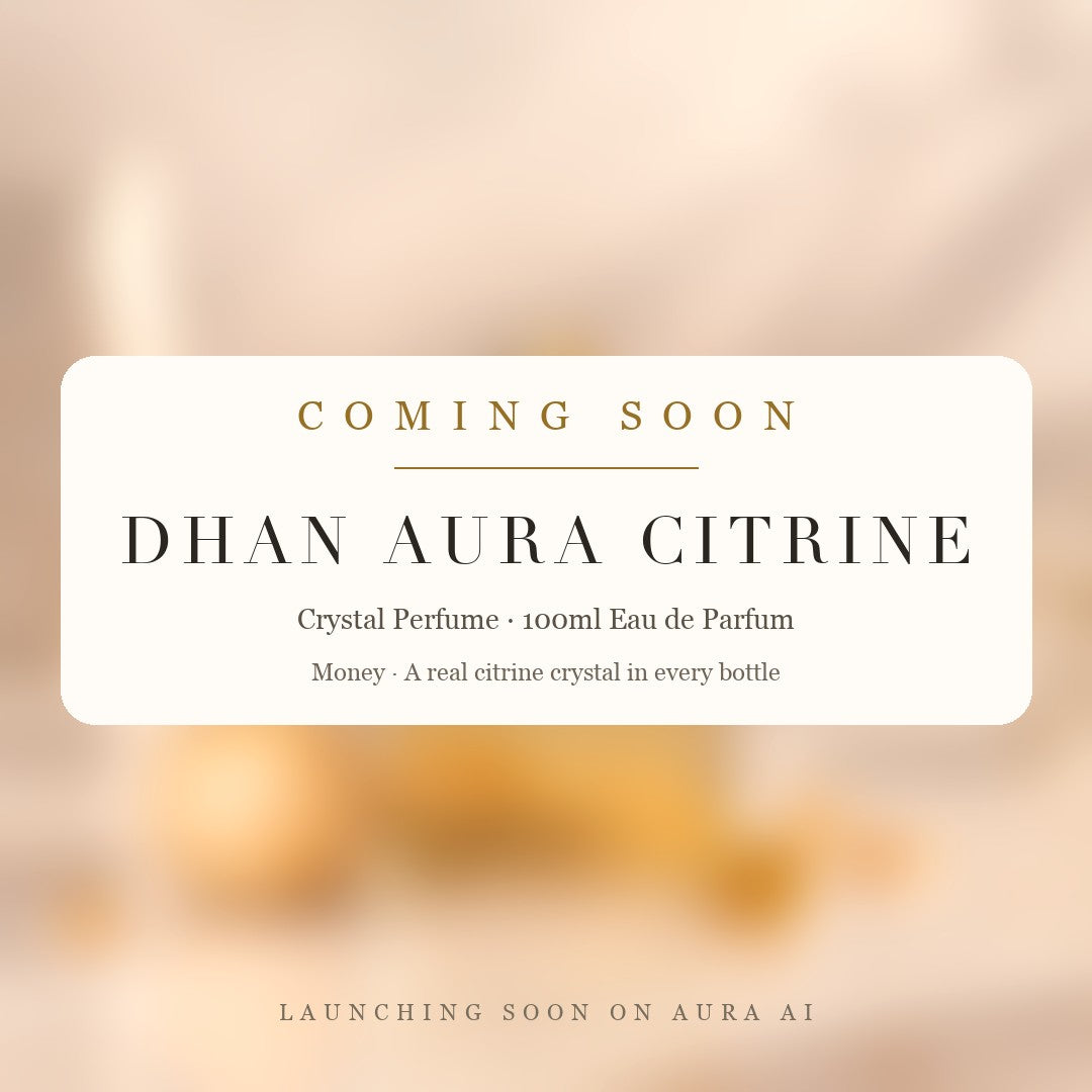Dhan Aura Citrine Perfume, coming soon on Aura AI, crystal perfume with a real citrine crystal in every bottle