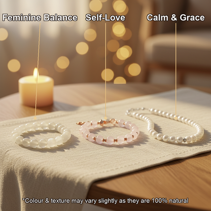 Naari Shakti Combo (Moonstone + Rose Quartz Bracelet + Pearl Mala)