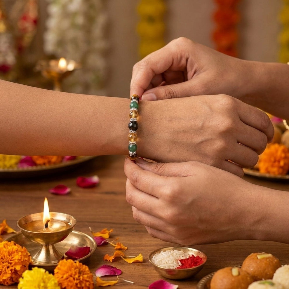 Prosperity Crystal Rakhi tied on wrist
