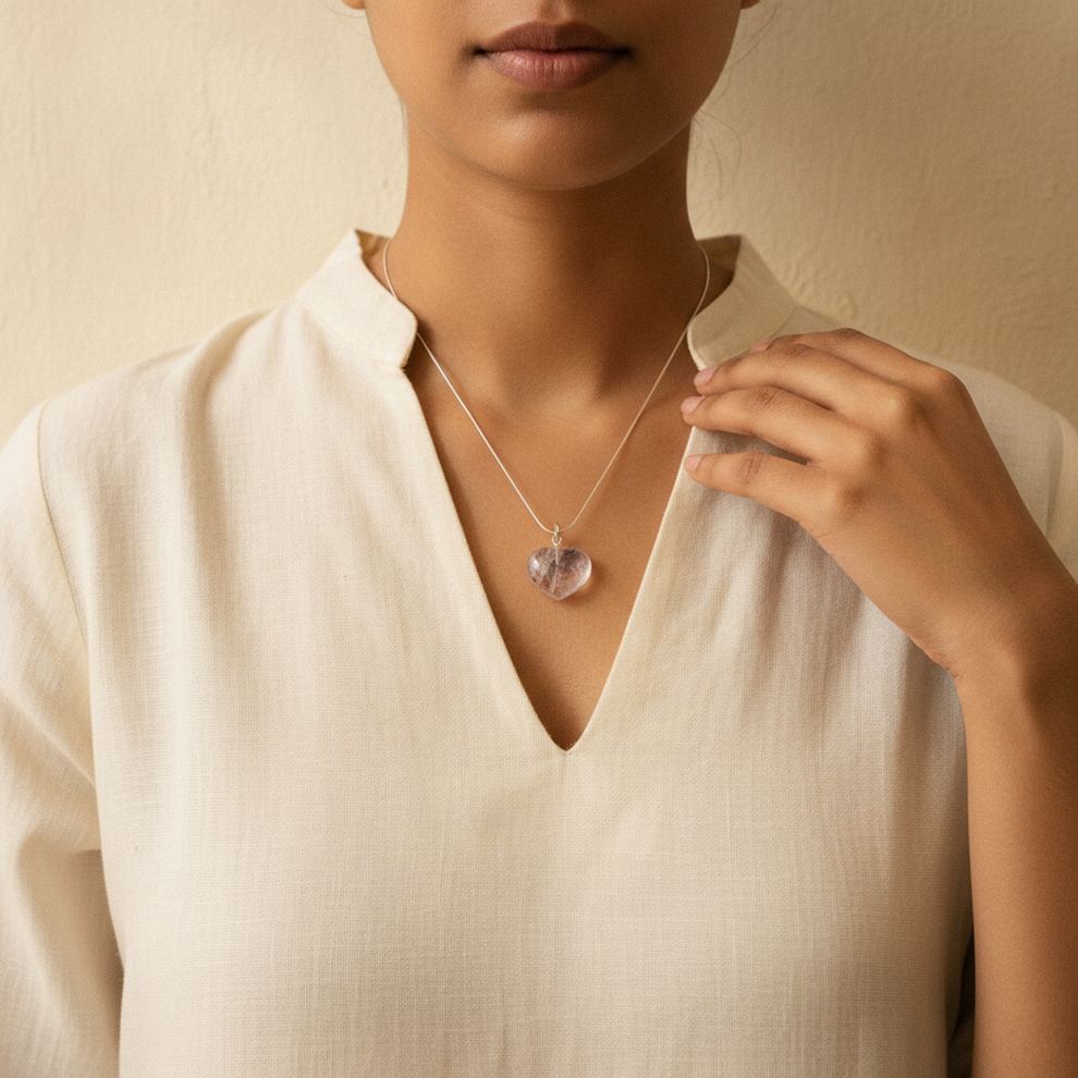 Rose Quartz Heart Pendant worn