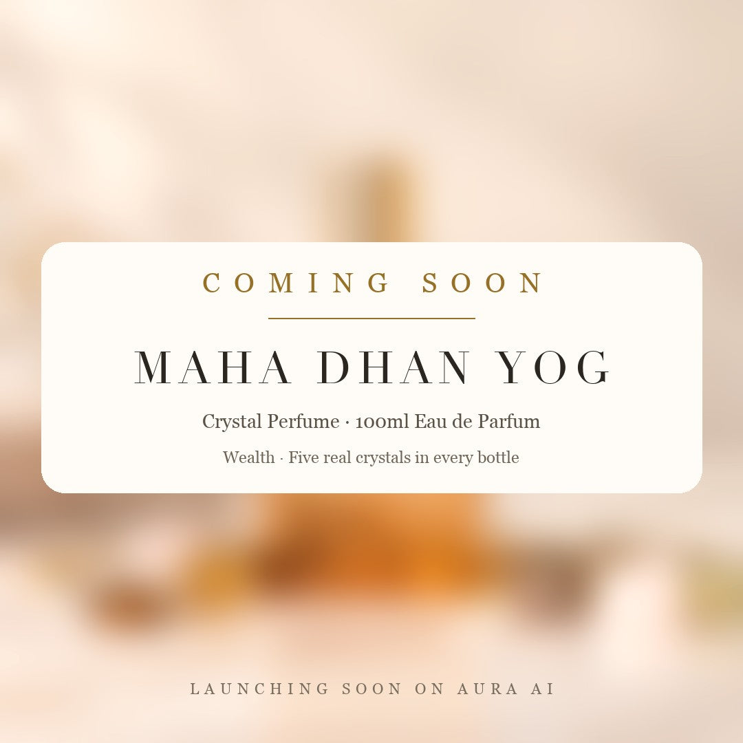 Maha Dhan Yog Perfume, coming soon on Aura AI, crystal perfume with five real crystals in every bottle