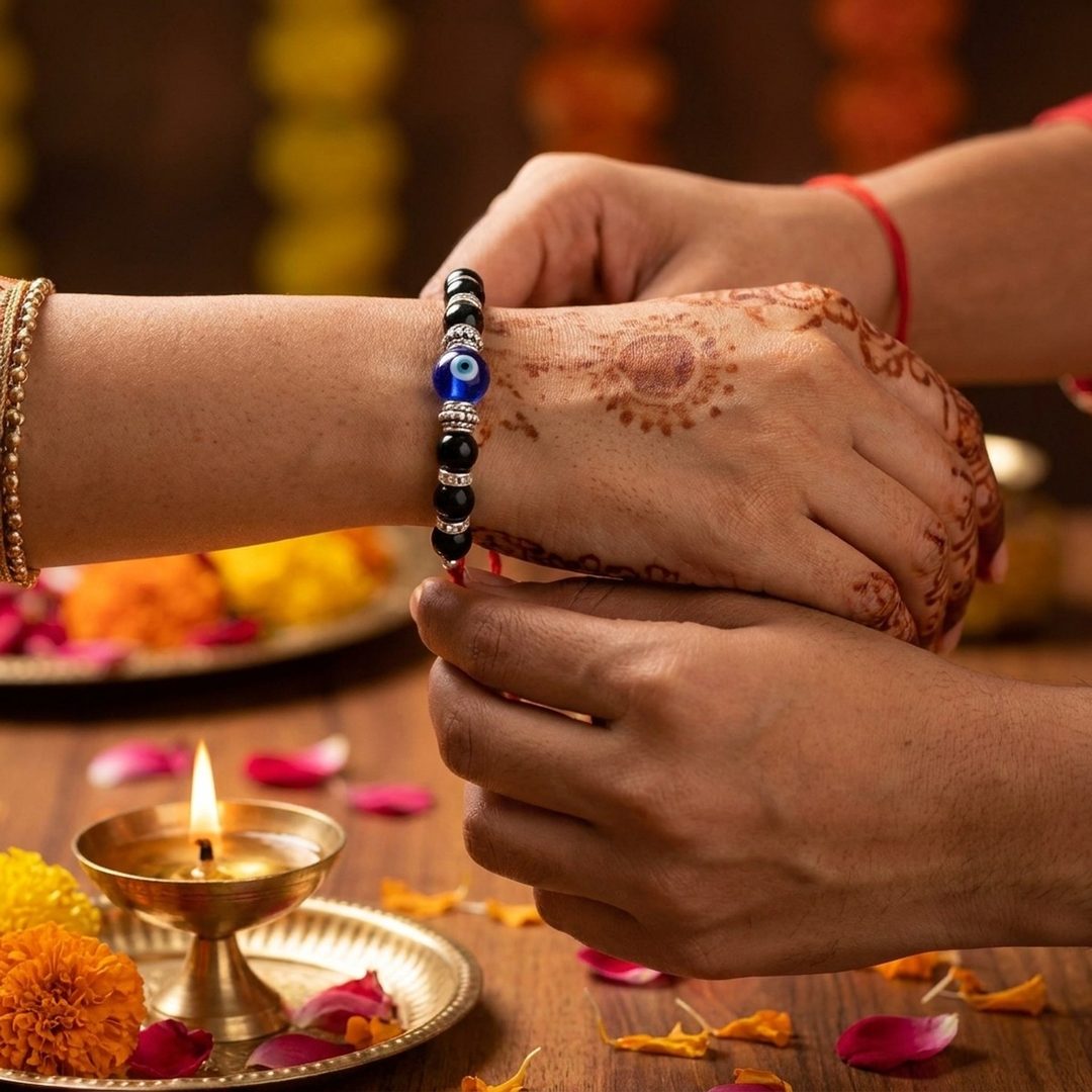 Nazar Moti Rakhi worn on wrist