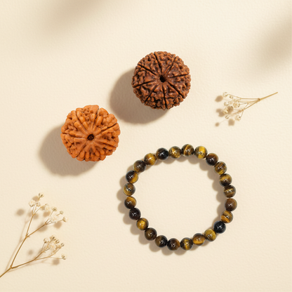 Raj Yog Combo (7 Mukhi Rudraksha + 11 Mukhi Rudraksha + Tiger Eye Bracelet)