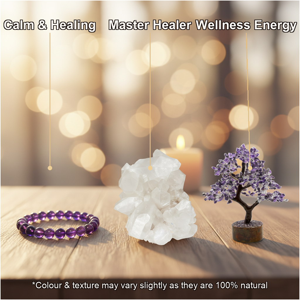 Arogya Healing Combo (Amethyst Bracelet + Clear Quartz + Amethyst Tree)