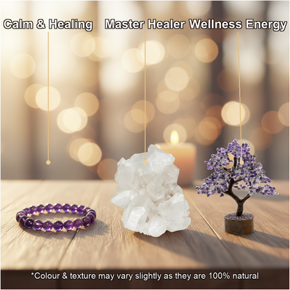 Arogya Healing Combo (Amethyst Bracelet + Clear Quartz + Amethyst Tree)