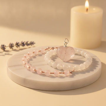 Prem Bandhan Combo (Rose Quartz Bracelet + Heart Pendant + Moonstone) (Lab Certified)
