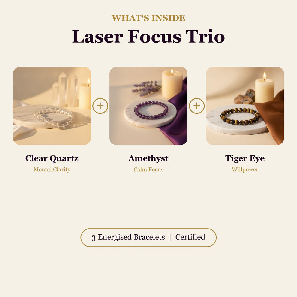 Laser Focus Trio (Clear Quartz + Amethyst + Tiger Eye)