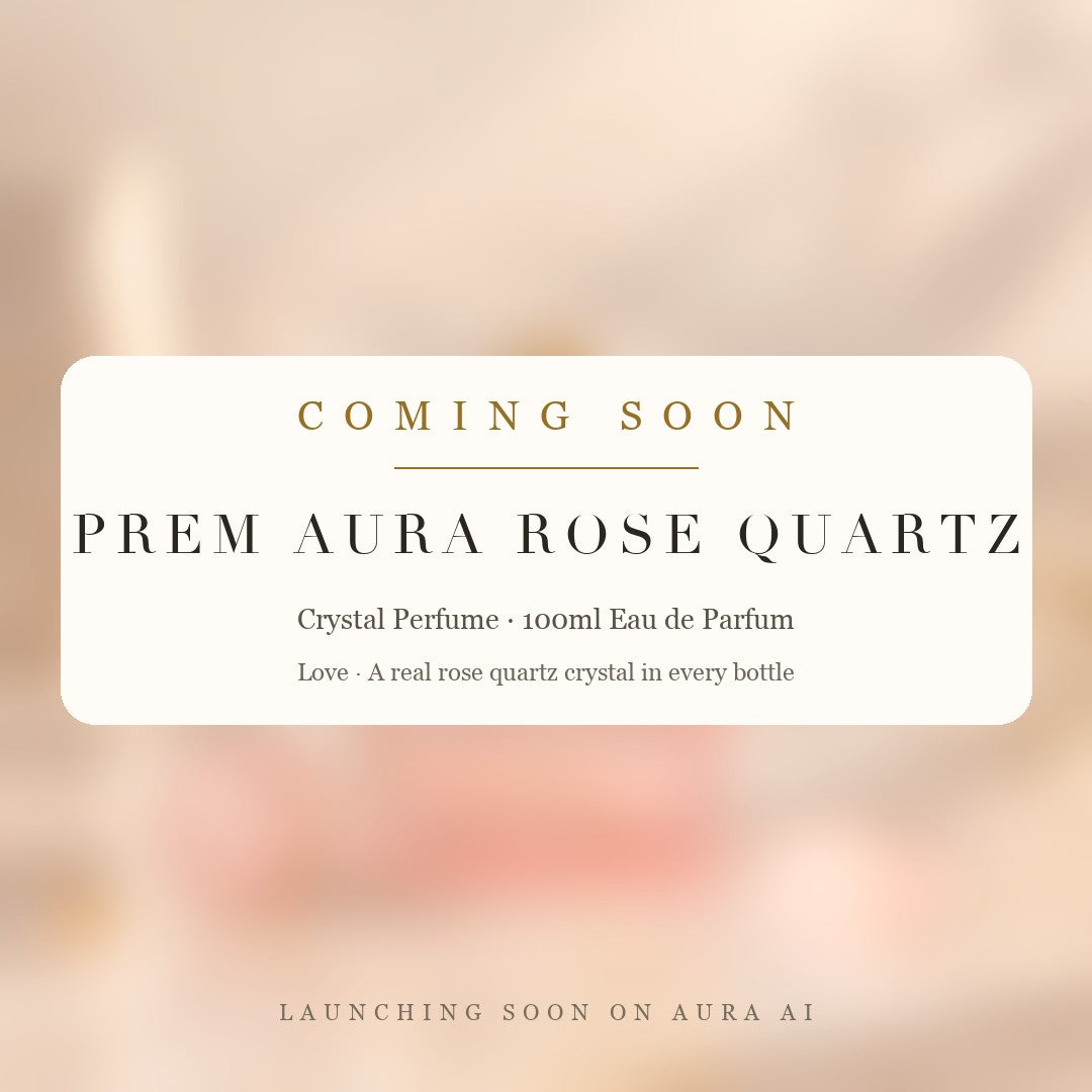 Prem Aura Rose Quartz Perfume, coming soon on Aura AI, crystal perfume with a real rose quartz crystal in every bottle