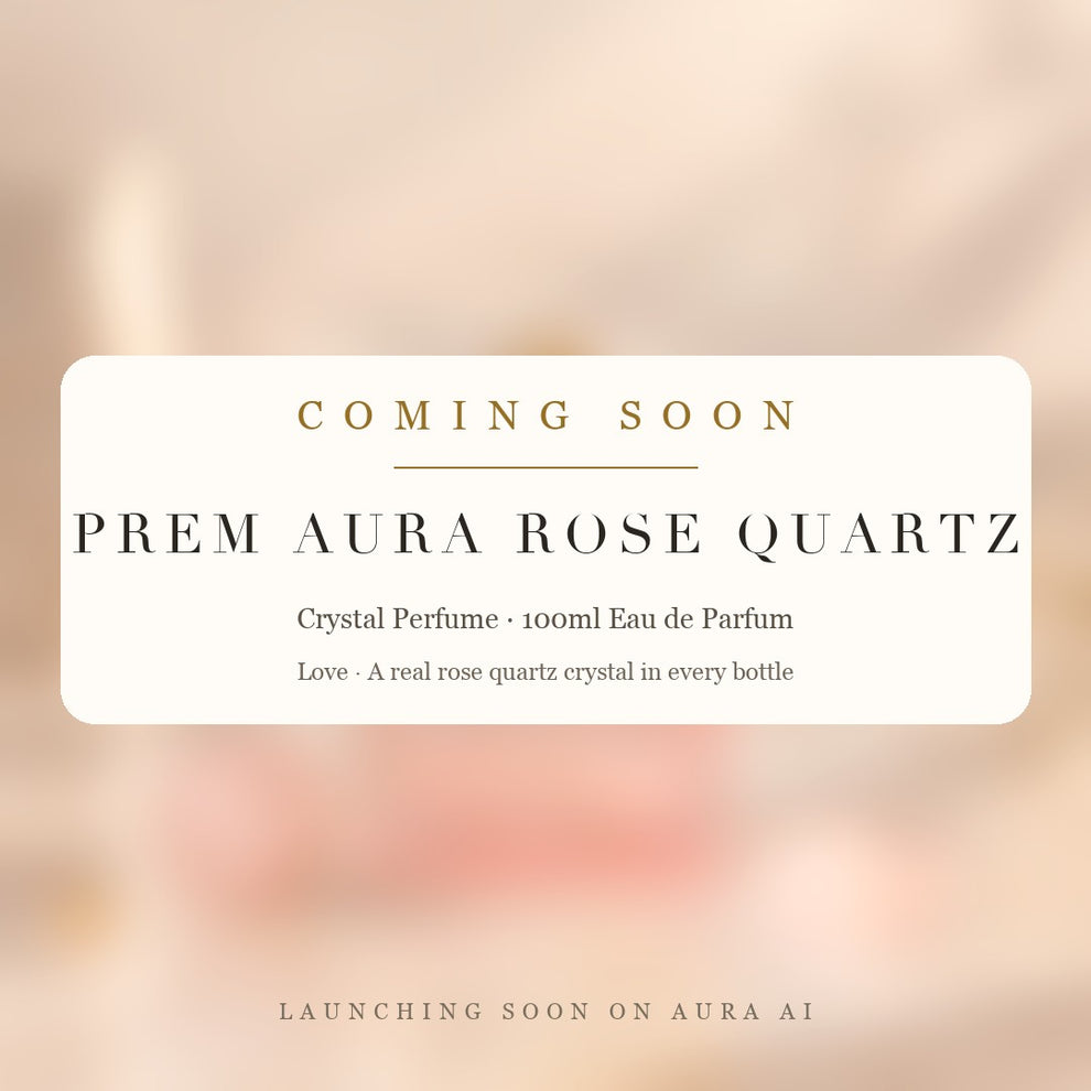 Prem Aura Rose Quartz Perfume, coming soon on Aura AI, crystal perfume with a real rose quartz crystal in every bottle