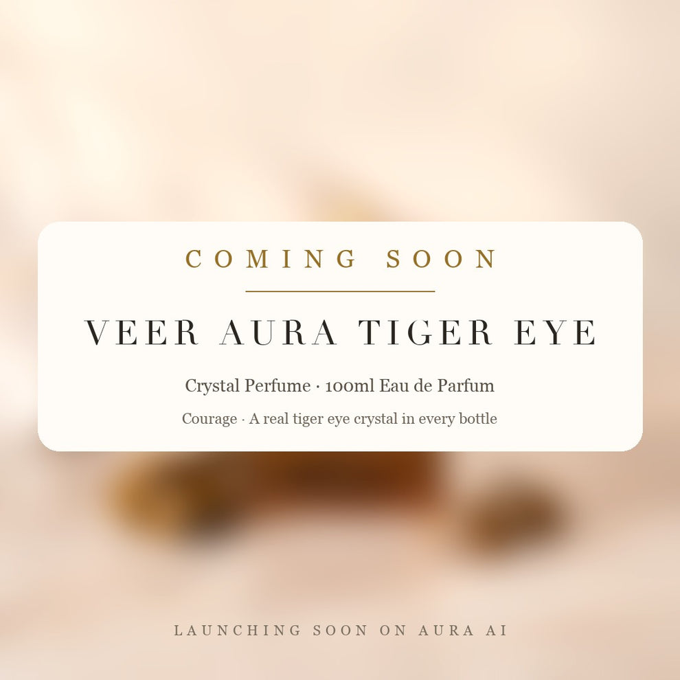 Veer Aura Tiger Eye Perfume, coming soon on Aura AI, crystal perfume with a real tiger eye crystal in every bottle